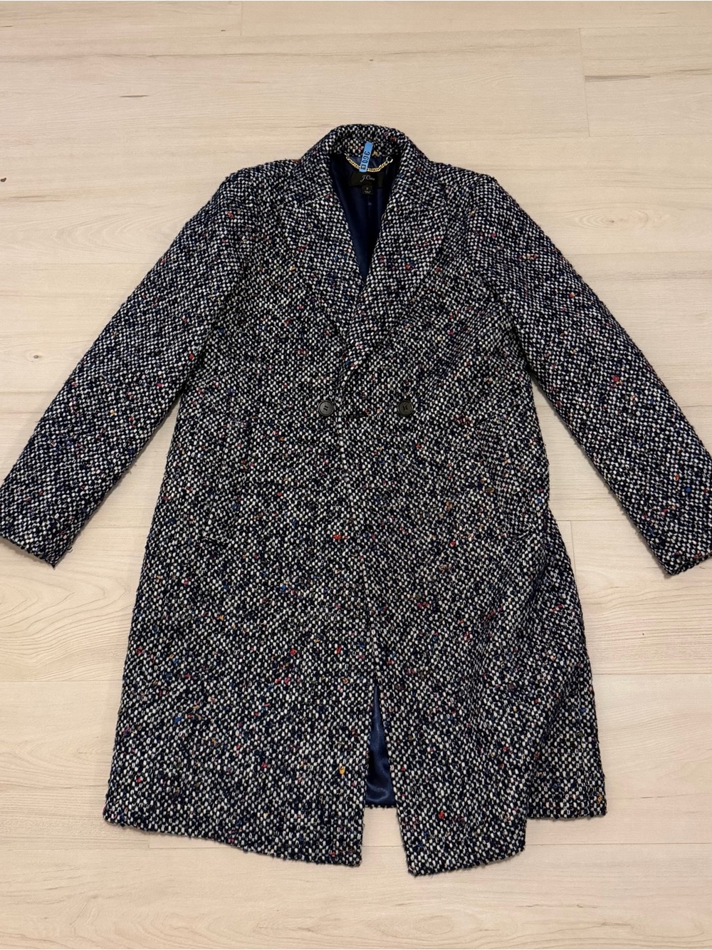 J. Crew Black Tweed Long Double-Breasted Coat with Multicolor Flecks